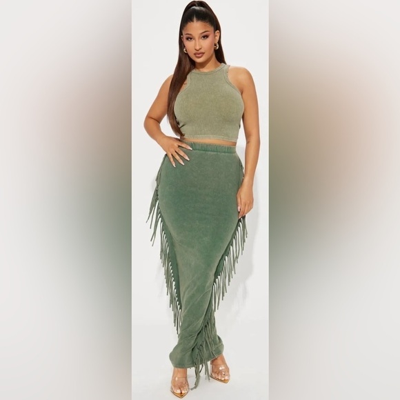 Fashion Nova Sahara Mineral Wash Stretch Maxi Skirt in Olive - Picture 2 of 10
